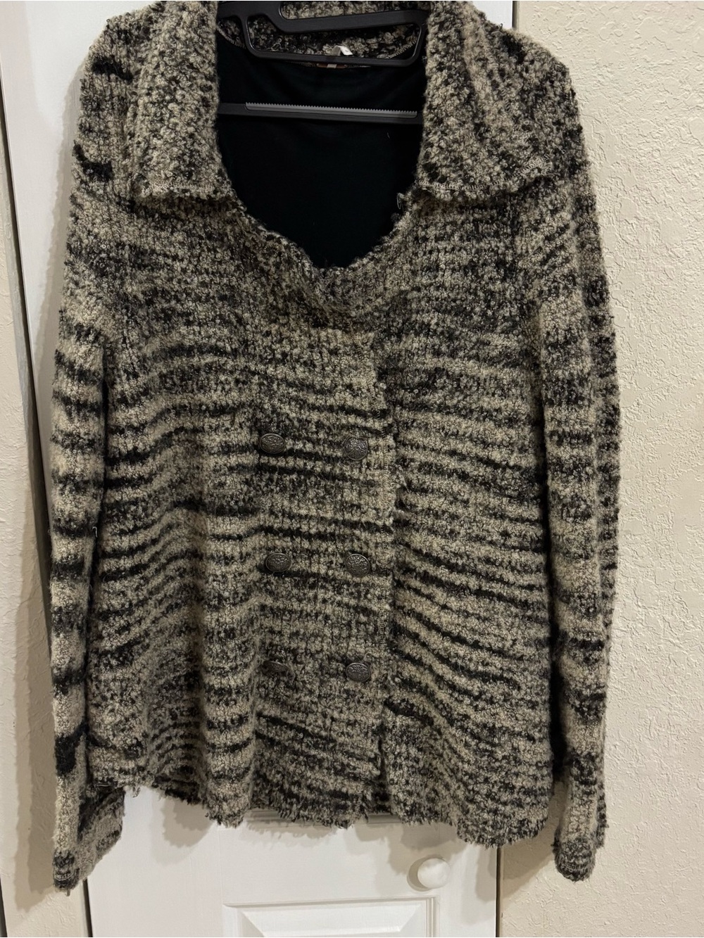 Free People Bouclé Zebra Yarn Double-Breasted Knit Sweater Peacoat Cardigan